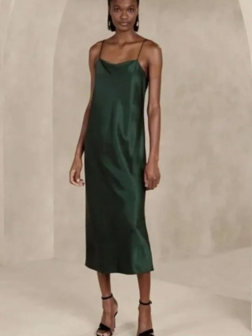 100% Silk Emerald Green Midi Slip Dress Banana Republic L
